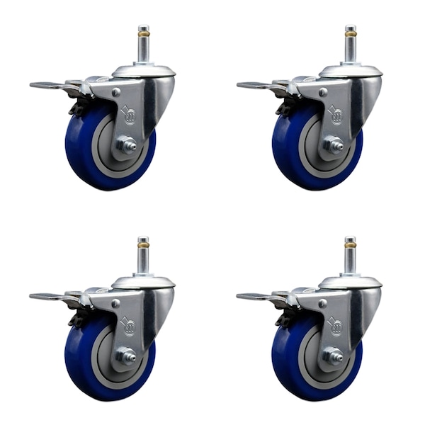 Service Caster 3.5'' Blue Poly Swivel 7/16'' Stem Caster Set with Total Lock Brake, 4PK SCC-GRTTL20S3514-PPUB-BLUE-716138-4 - main